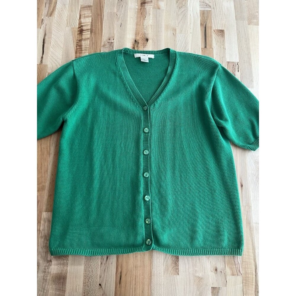 Vintage Lise J Short Sleeve Cardigan Sweater 100% Cotton V Neck Green Large